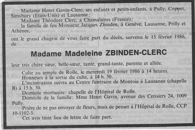 Faire-part de décès de Madeleine Zbinden