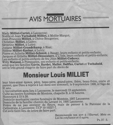 Faire-part de décès de Louis Milliet, 1995